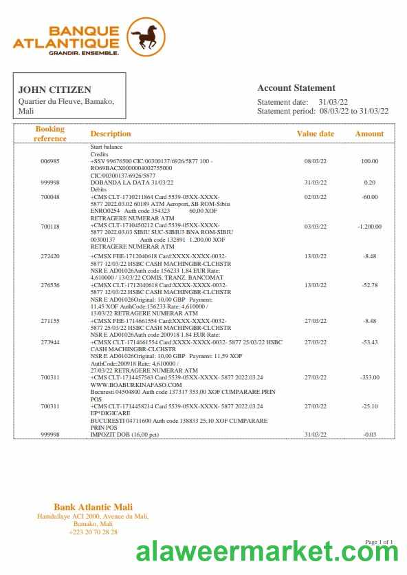 Mali Banque Atlantiaque bank statement template in Word and PDF format, .doc and .pdf format